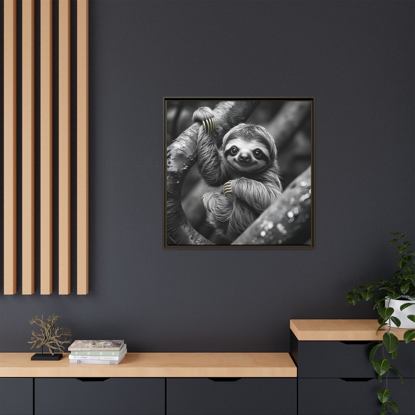 Smiling Sloth Hanging on Tree Branch Wall Art on Framed Canvas, Sloth Lover Gift, Nursery Decor, Wildlife Artwork