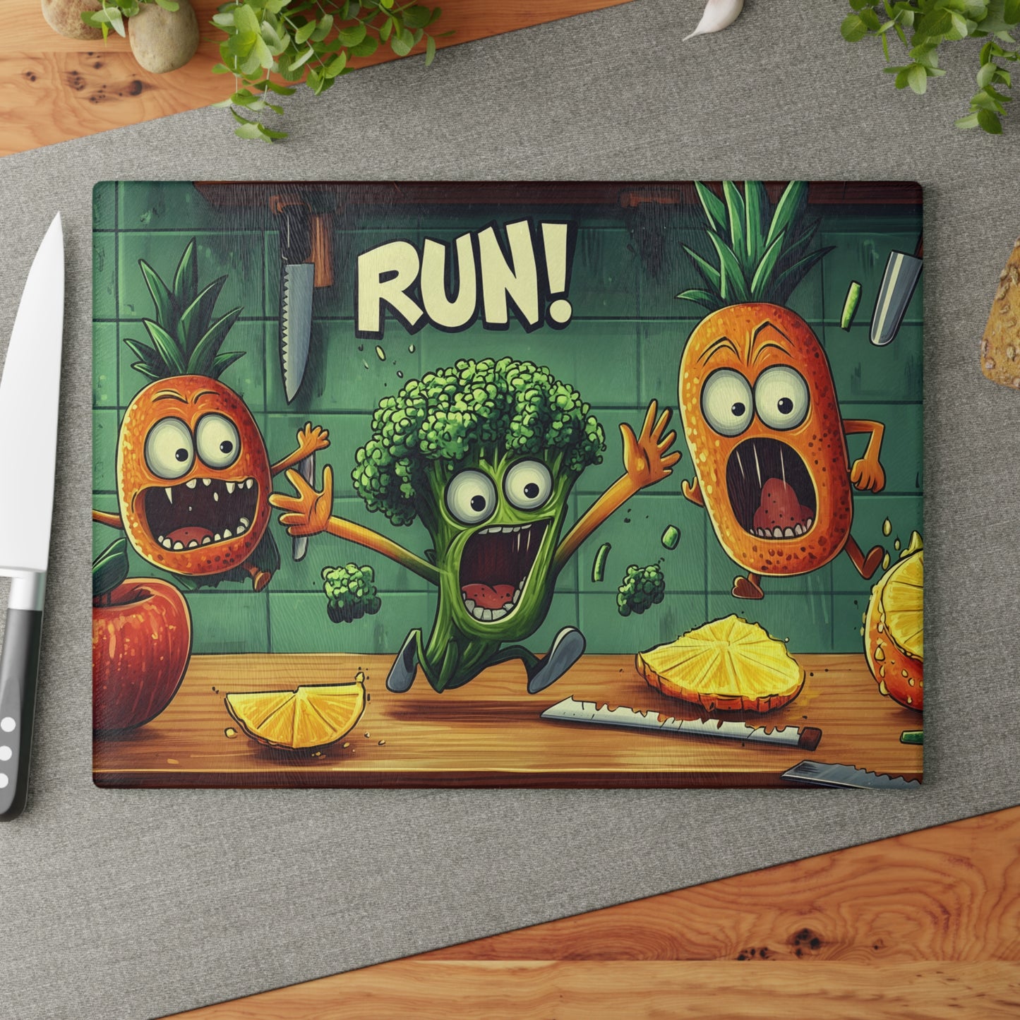 Funny Veggie Glass Cutting Board | Whimsical Kitchen Decor Gift