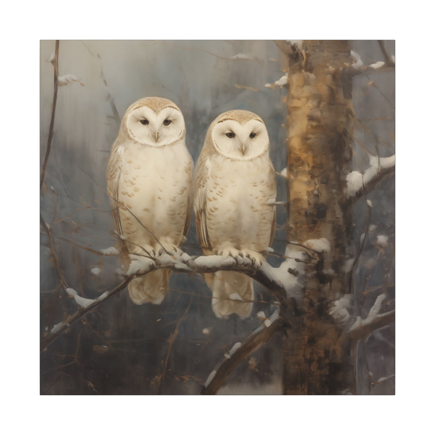 Snowy Owls Winter Canvas Wall Art | Vintage Wildlife Nature Decor