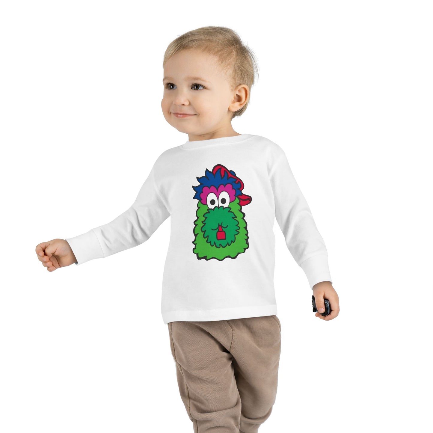 Cute Cartoon Mascot Kids Shirt – Fun Green Character Long Sleeve Tee