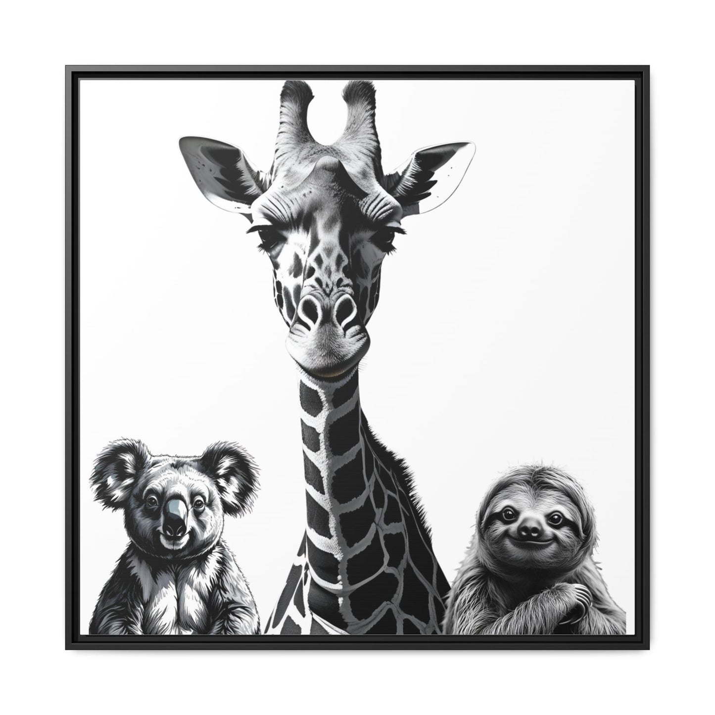 Framed artwork with a giraffe, koala, and sloth illustration.
