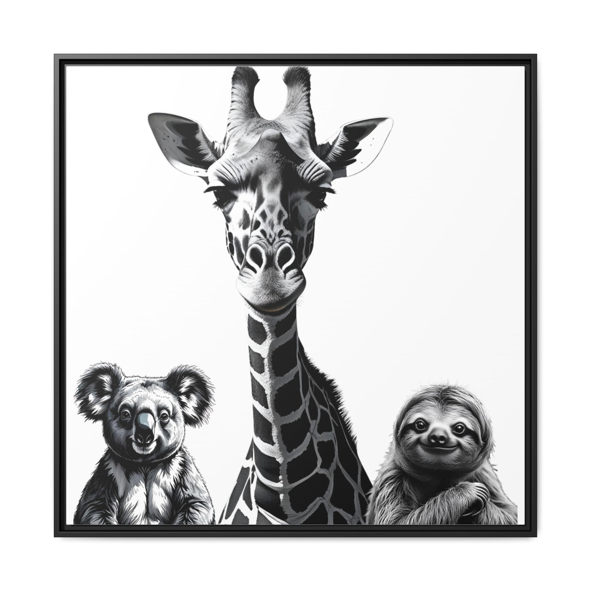 Framed artwork with a giraffe, koala, and sloth illustration.