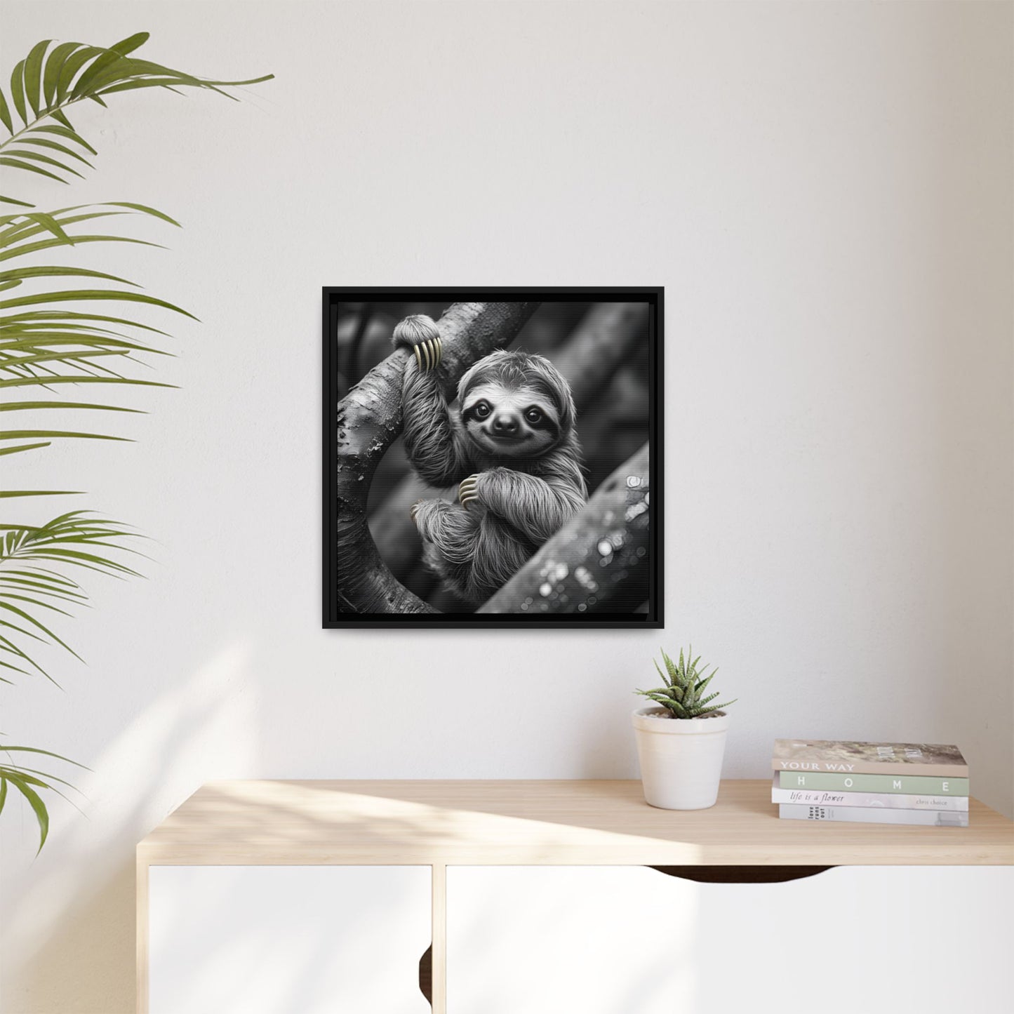 Smiling Sloth Hanging on Tree Branch Wall Art on Framed Canvas, Sloth Lover Gift, Nursery Decor, Wildlife Artwork