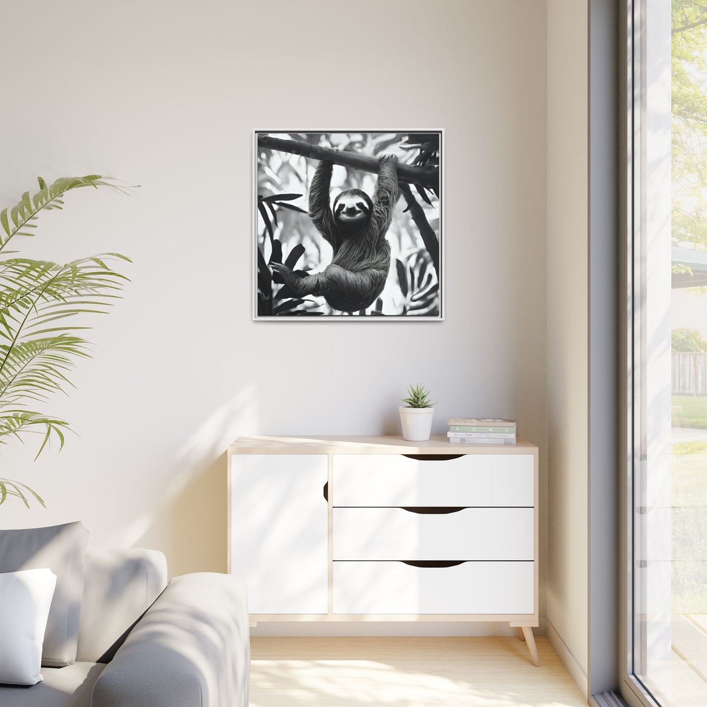 Playful Sloth Hanging from Tree Branch Black & White Animal Wall Art, Cute Sloth Photography Print, Jungle Theme Home Deco