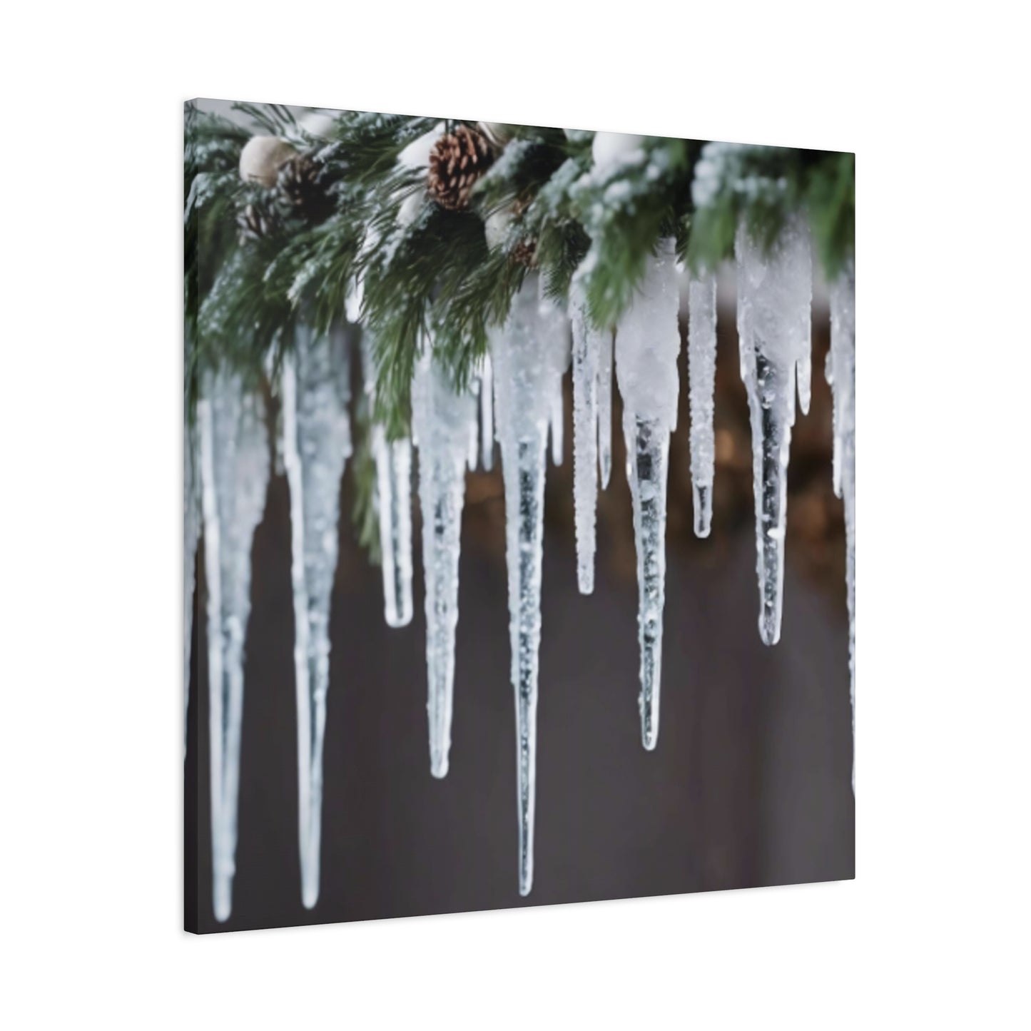 Winter Icicles Pine Branch Canvas Art: Holiday Home Decor, Stretched, 1.25"
