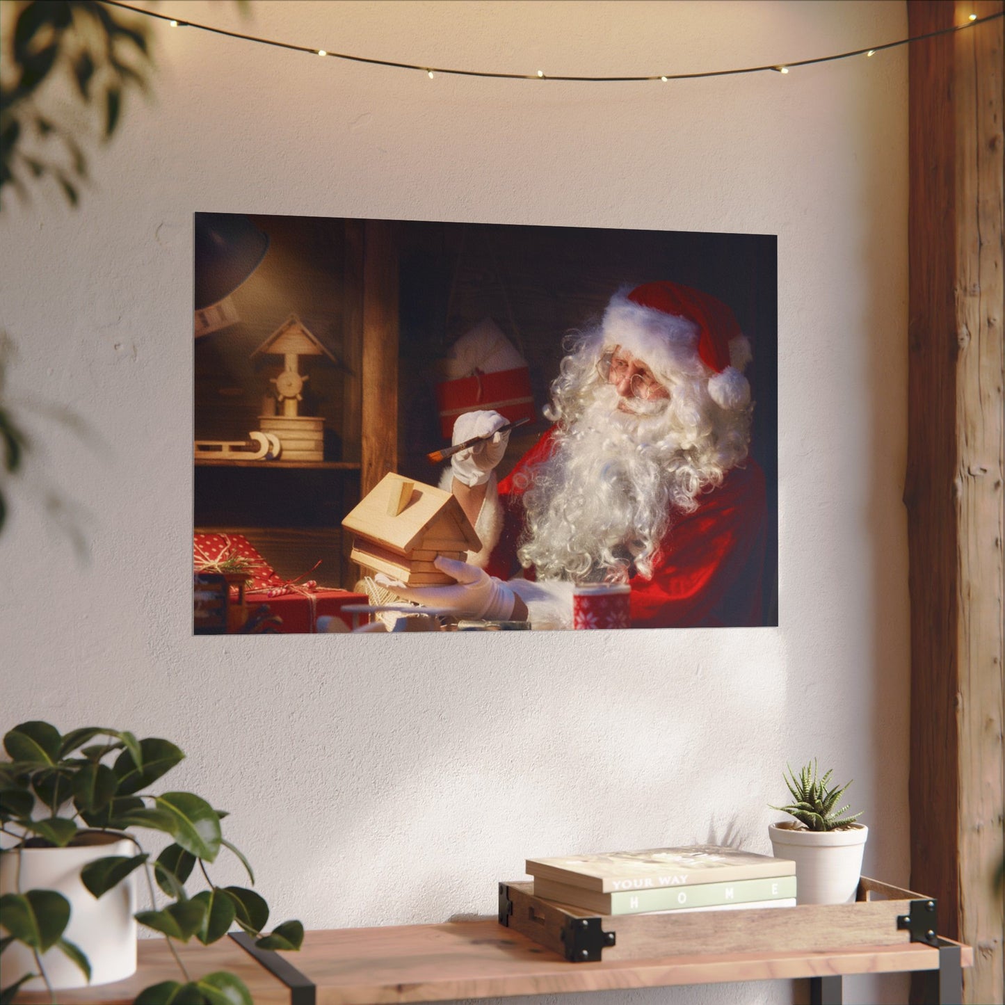 Santa's Workshop Poster, Christmas Wall Art of Santa Making Toys, Vintage Holiday Print, Santa Claus in Toy Shop, Festive Christmas Poster