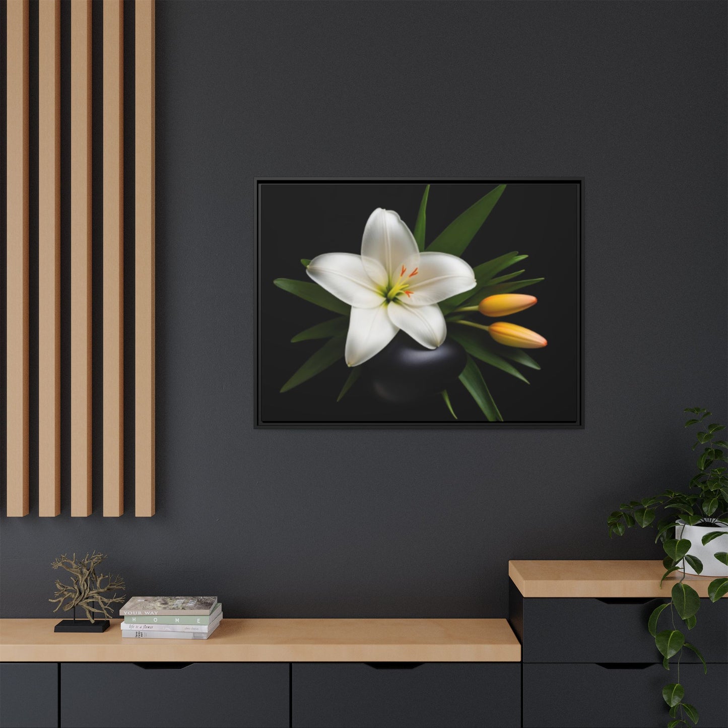 White Lily Wall Art Canvas Print Framed | Elegant Floral Wall Decor for Bedroom, Living Room, Bathroom