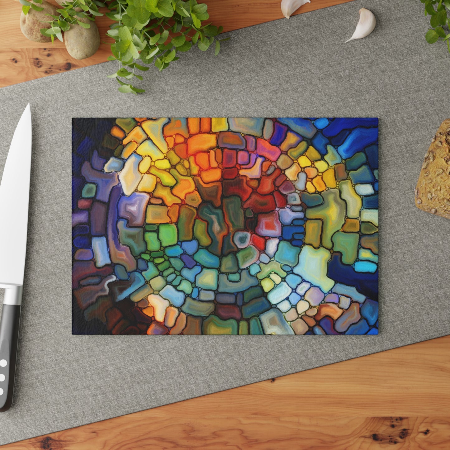 Stained Glass Mosaic Spiral Glass Cutting Board | Colorful Abstract Kitchen Decor