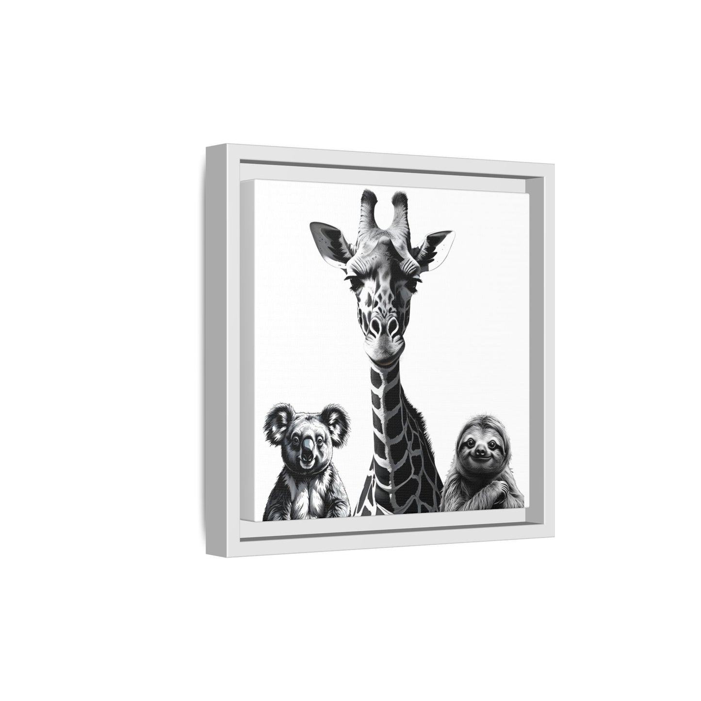 Framed artwork of a giraffe with two koalas on a white background