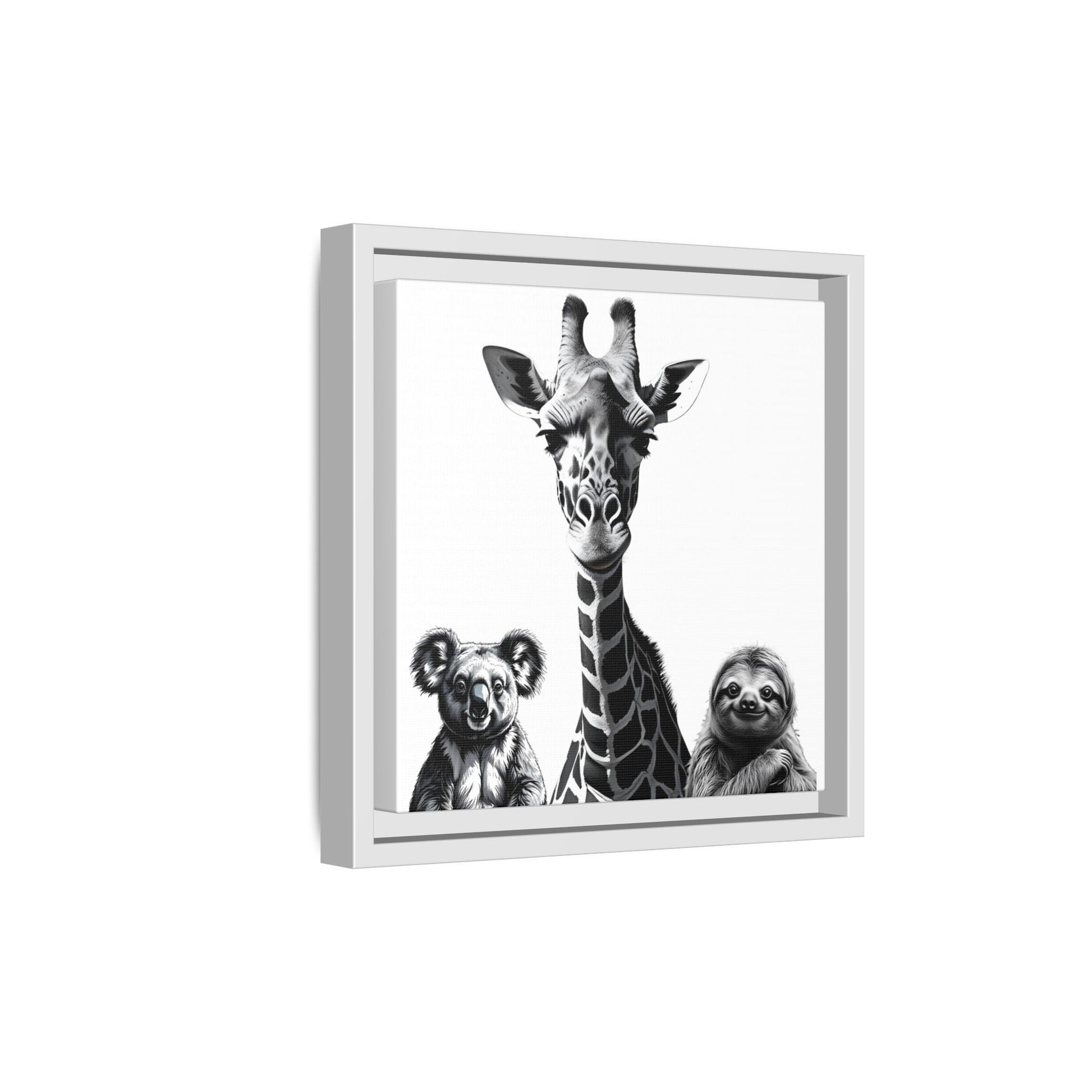 Framed artwork of a giraffe with two koalas on a white background