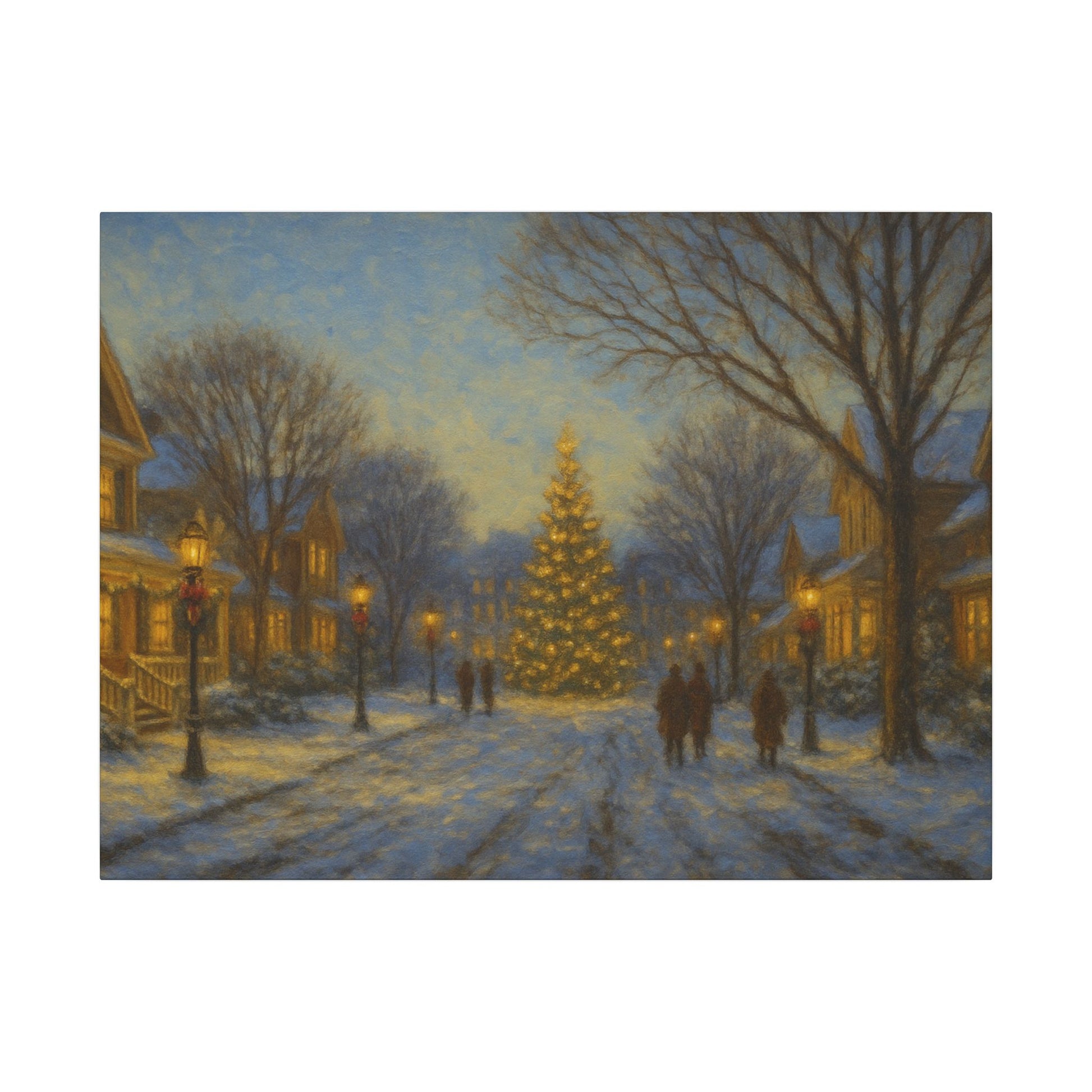 Painting of a snowy street scene with a Christmas tree and people walking.