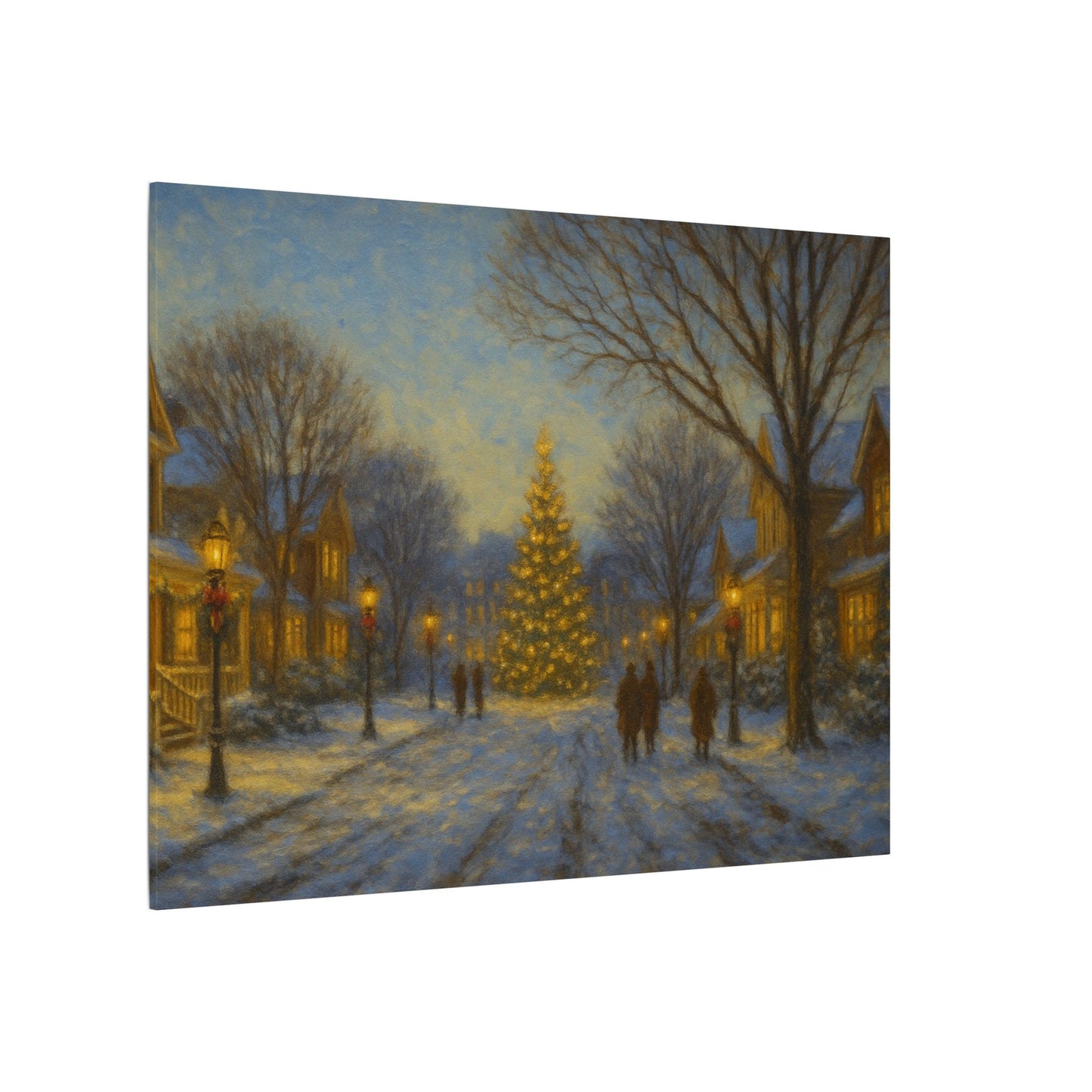 Framed artwork of a snowy street scene with a Christmas tree and people walking.