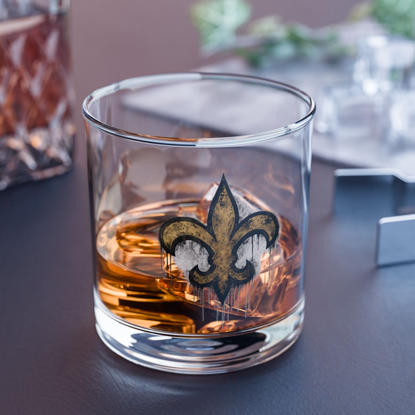 New Orleans Fleur-de-Lis Whiskey Glass – Grunge Gold & Black Game Day Rocks Glass