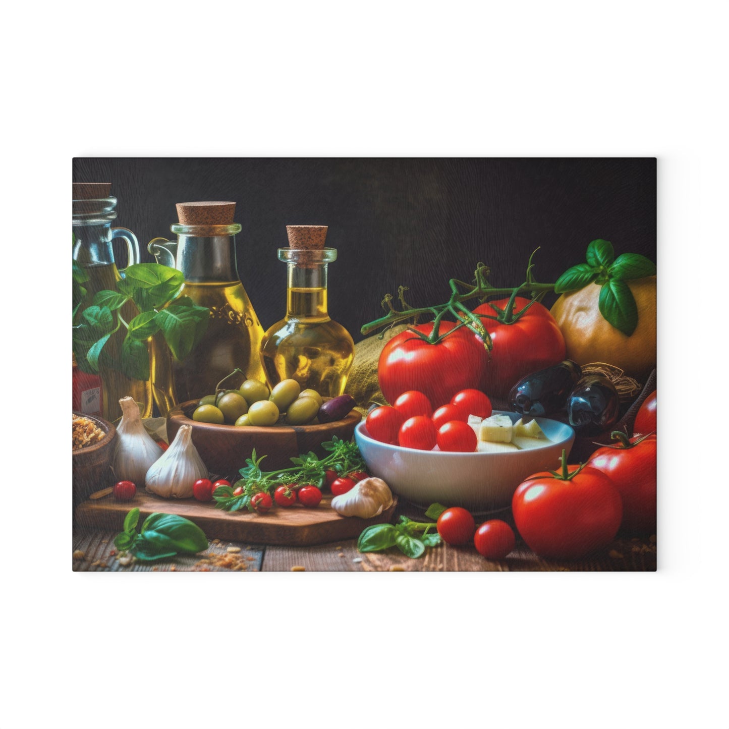 Still life arrangement of vegetables, herbs, and olive oil on a wooden table with a dark background.