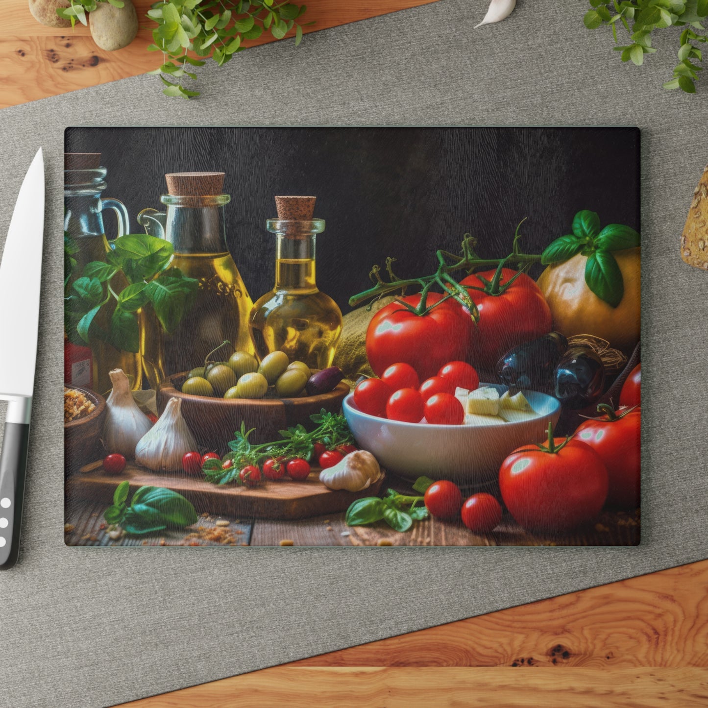 Placemat with a design of vegetables, oils, and a knife on a gray surface.