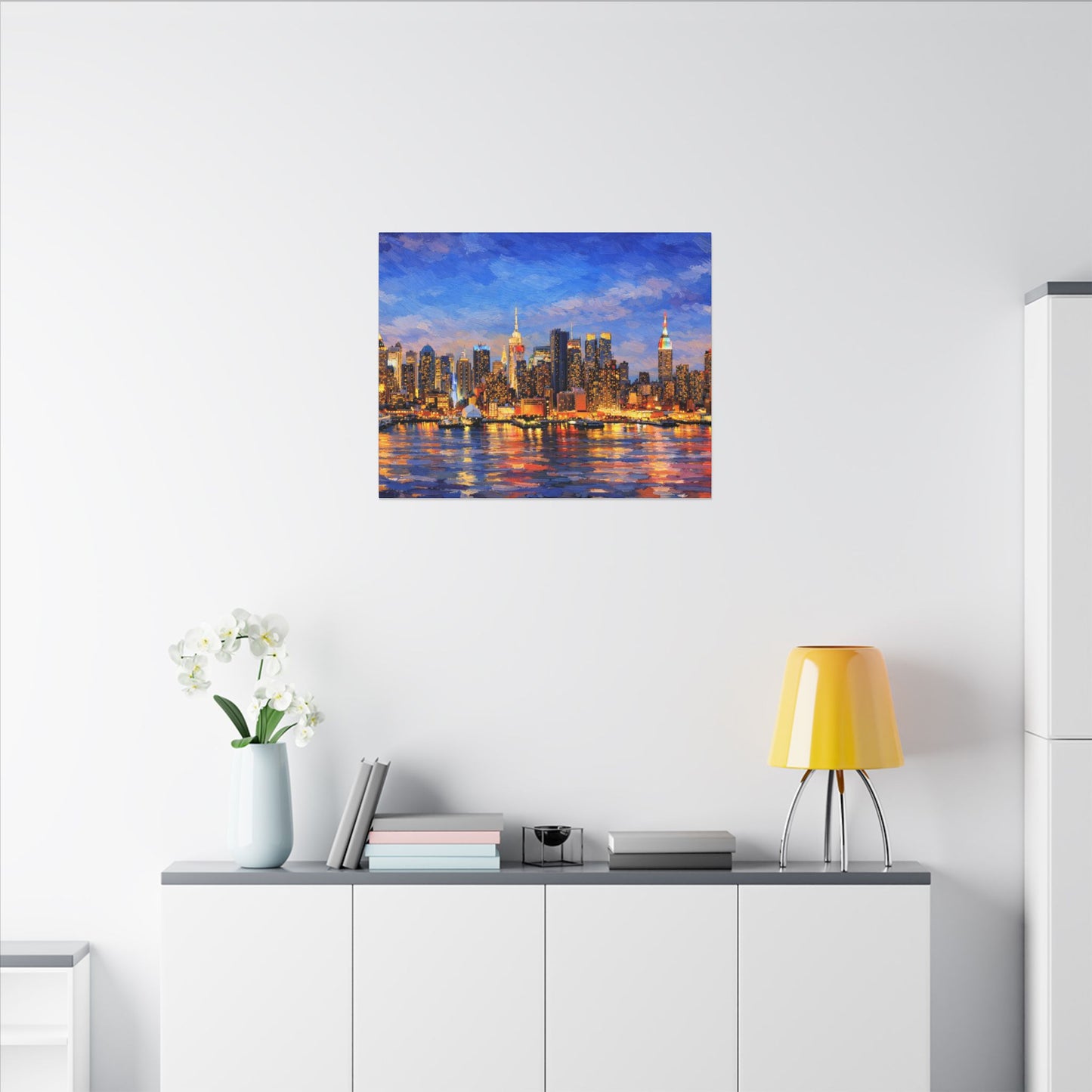 New York City Skyline Canvas Wall Art – Night Waterfront Impasto Cityscape Painting