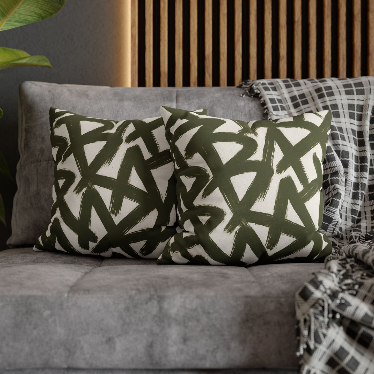 Throw Pillow Cover, Green Graffiti Brush Strokes Square Pillowcase Cover