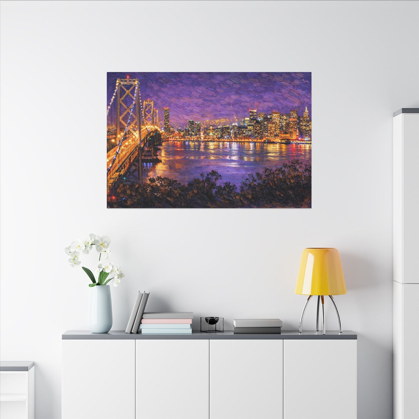 San Francisco Skyline Canvas Wall Art, Bay Bridge Night Painting, Impasto Style Artwork