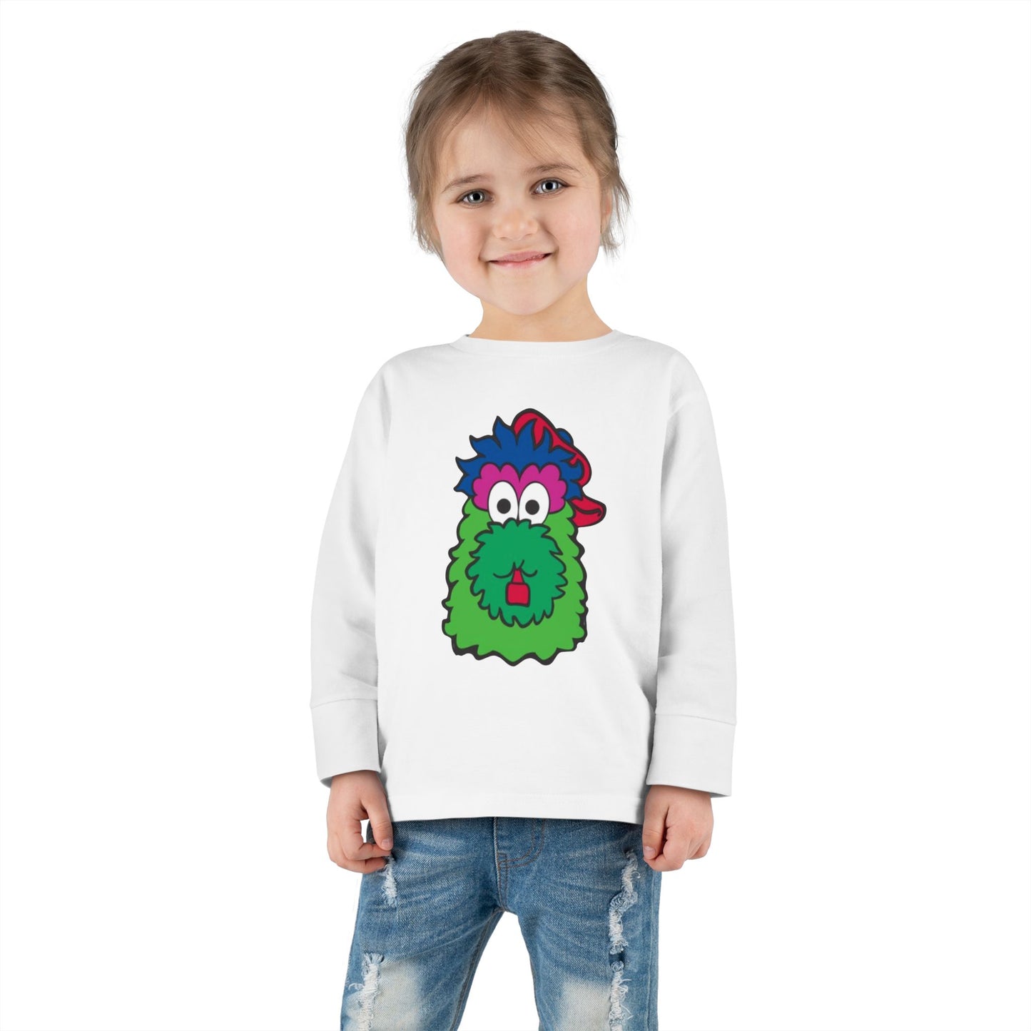Cute Cartoon Mascot Kids Shirt – Fun Green Character Long Sleeve Tee