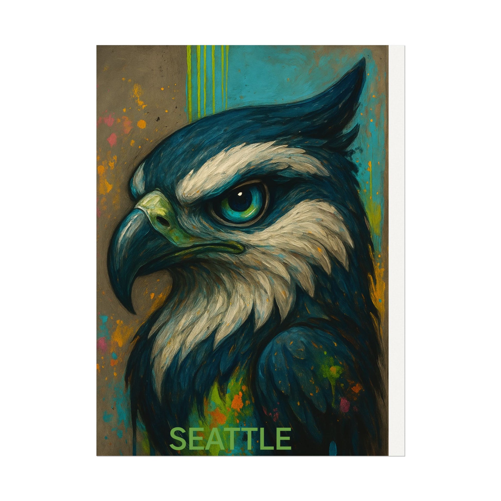 Artistic depiction of an hawk with 'Seattle' text on a colorful background