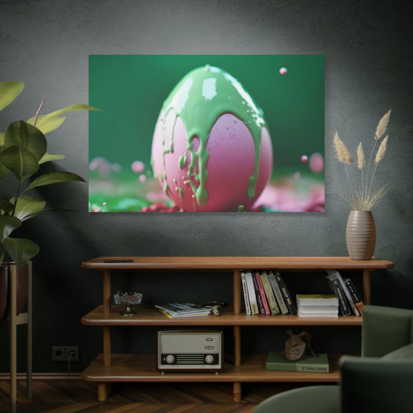 Canvas Wall or Mantle Art Pink Easter Egg with Green Paint Spring Home Decor
