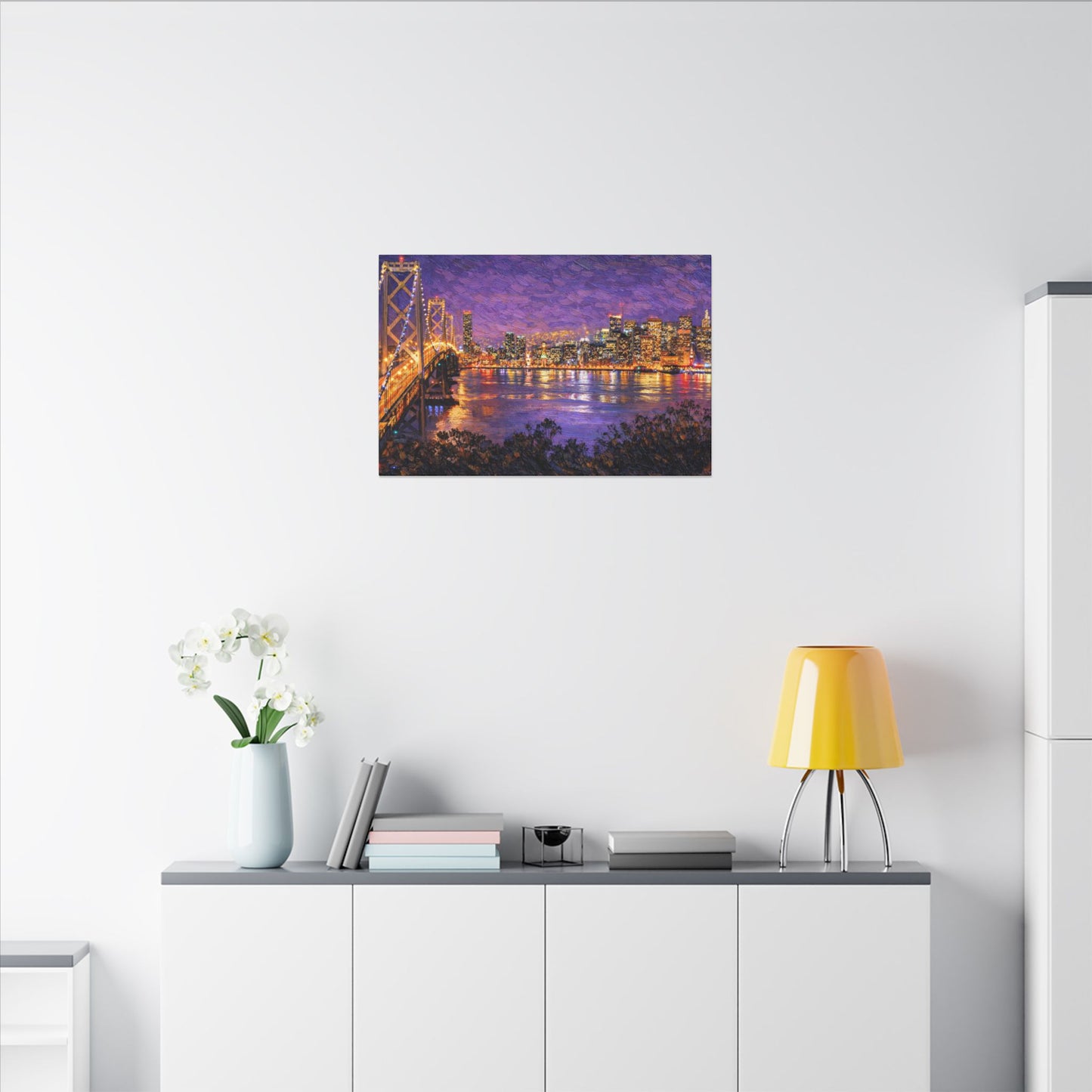 San Francisco Skyline Canvas Wall Art, Bay Bridge Night Painting, Impasto Style Artwork