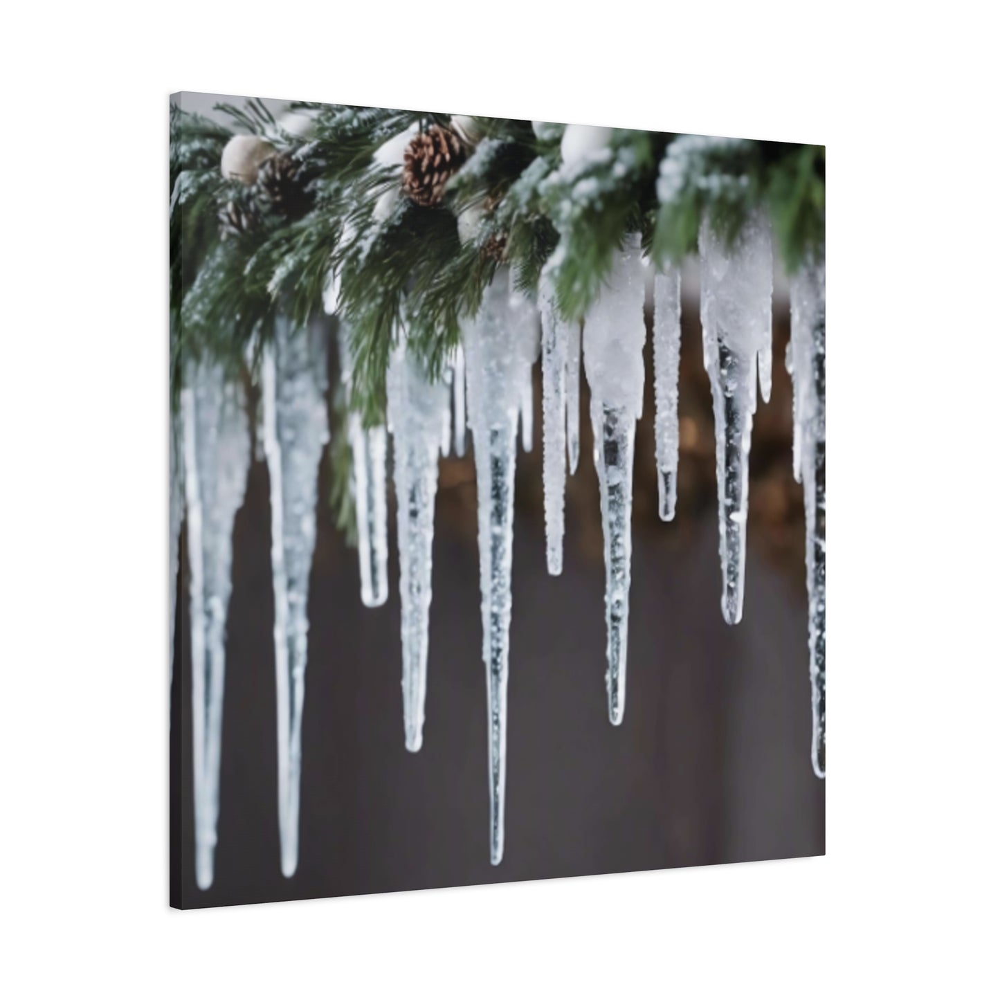 Winter Icicles Pine Branch Canvas Art: Holiday Home Decor, Stretched, 1.25"
