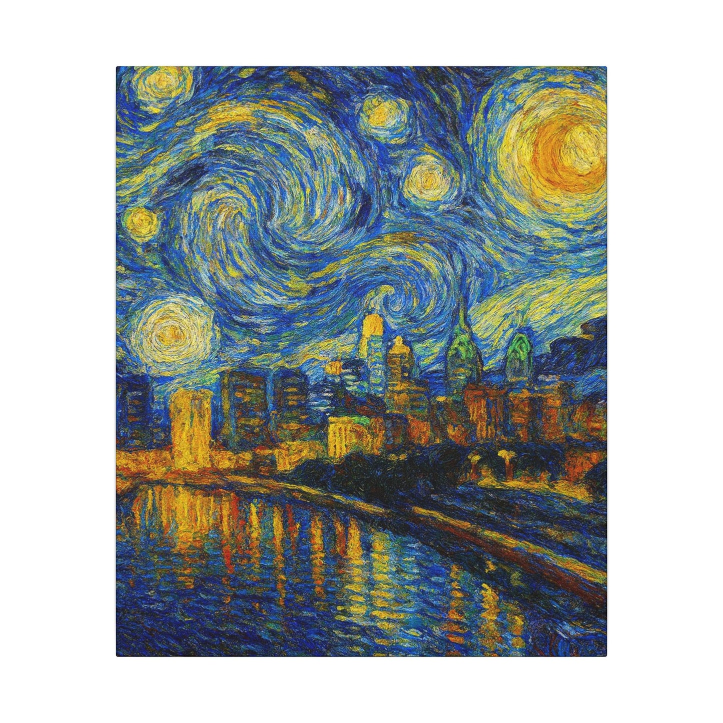 Starry night cityscape with swirling sky and illuminated buildings.