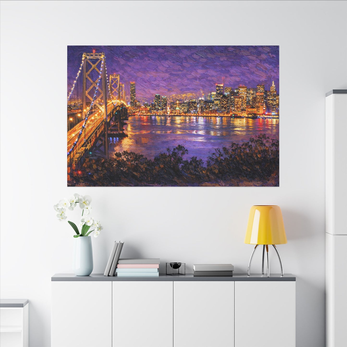 San Francisco Skyline Canvas Wall Art, Bay Bridge Night Painting, Impasto Style Artwork