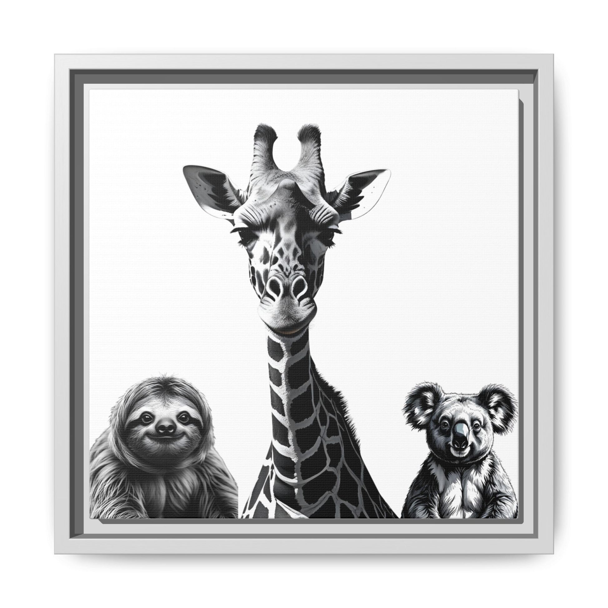 framed playful animal giraffe, sloth, koala print