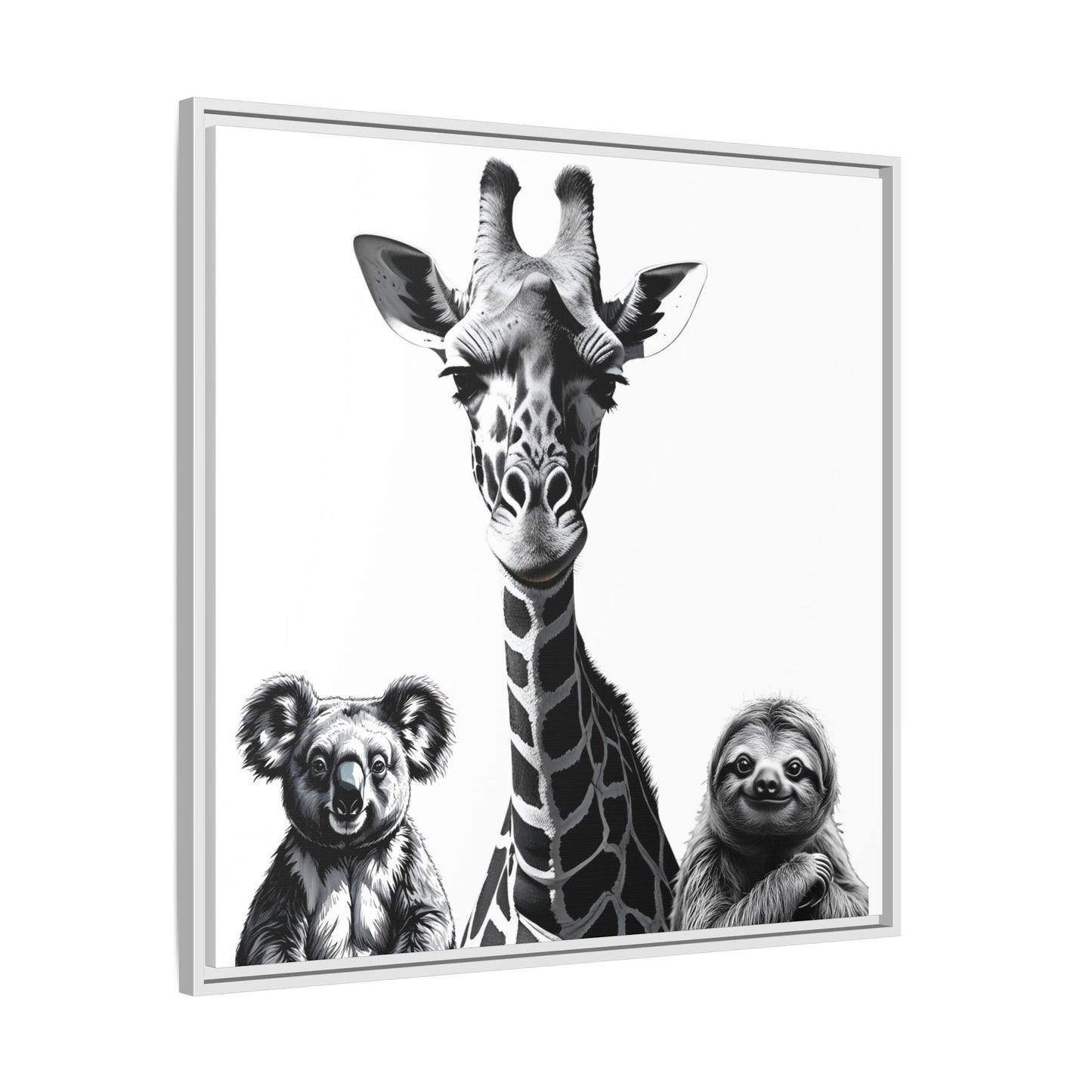 Framed artwork with a giraffe and two animals below on a white background