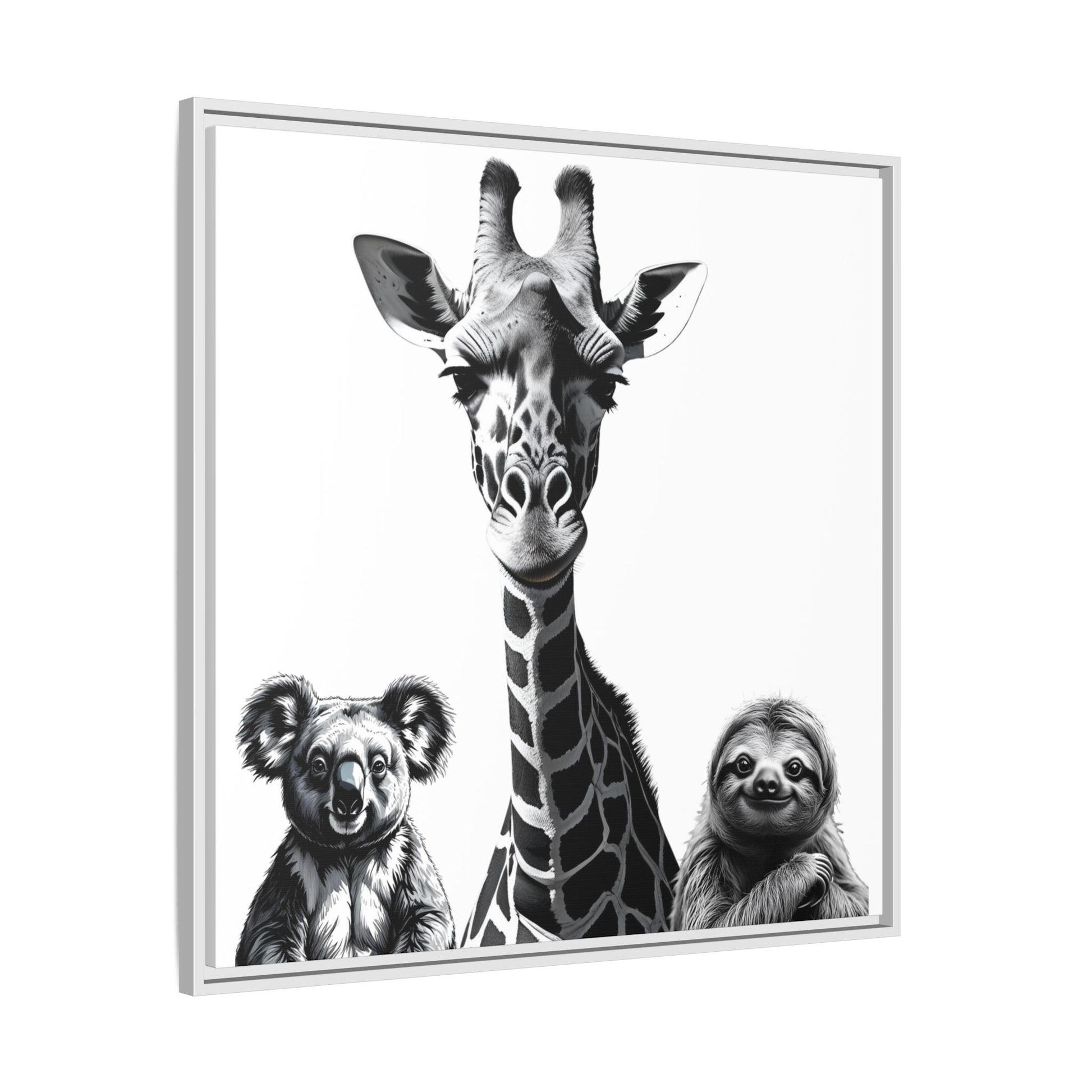Framed artwork with a giraffe and two animals below on a white background