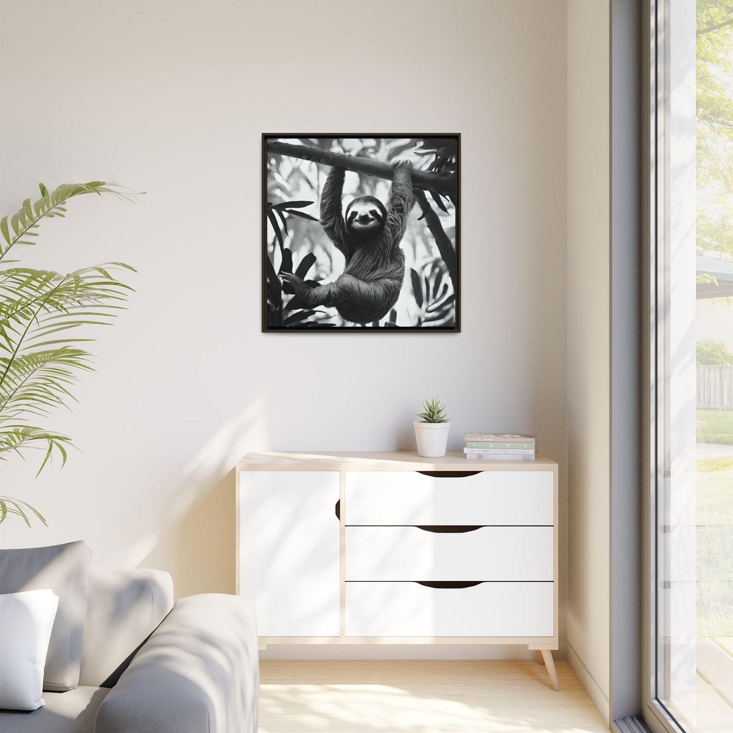 Playful Sloth Hanging from Tree Branch Black & White Animal Wall Art, Cute Sloth Photography Print, Jungle Theme Home Deco