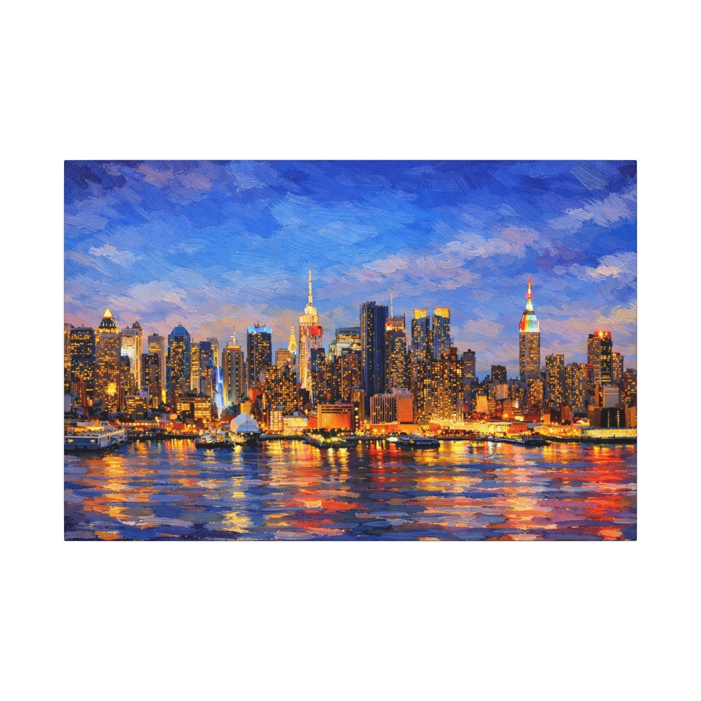 New York City Skyline Canvas Wall Art – Night Waterfront Impasto Cityscape Painting