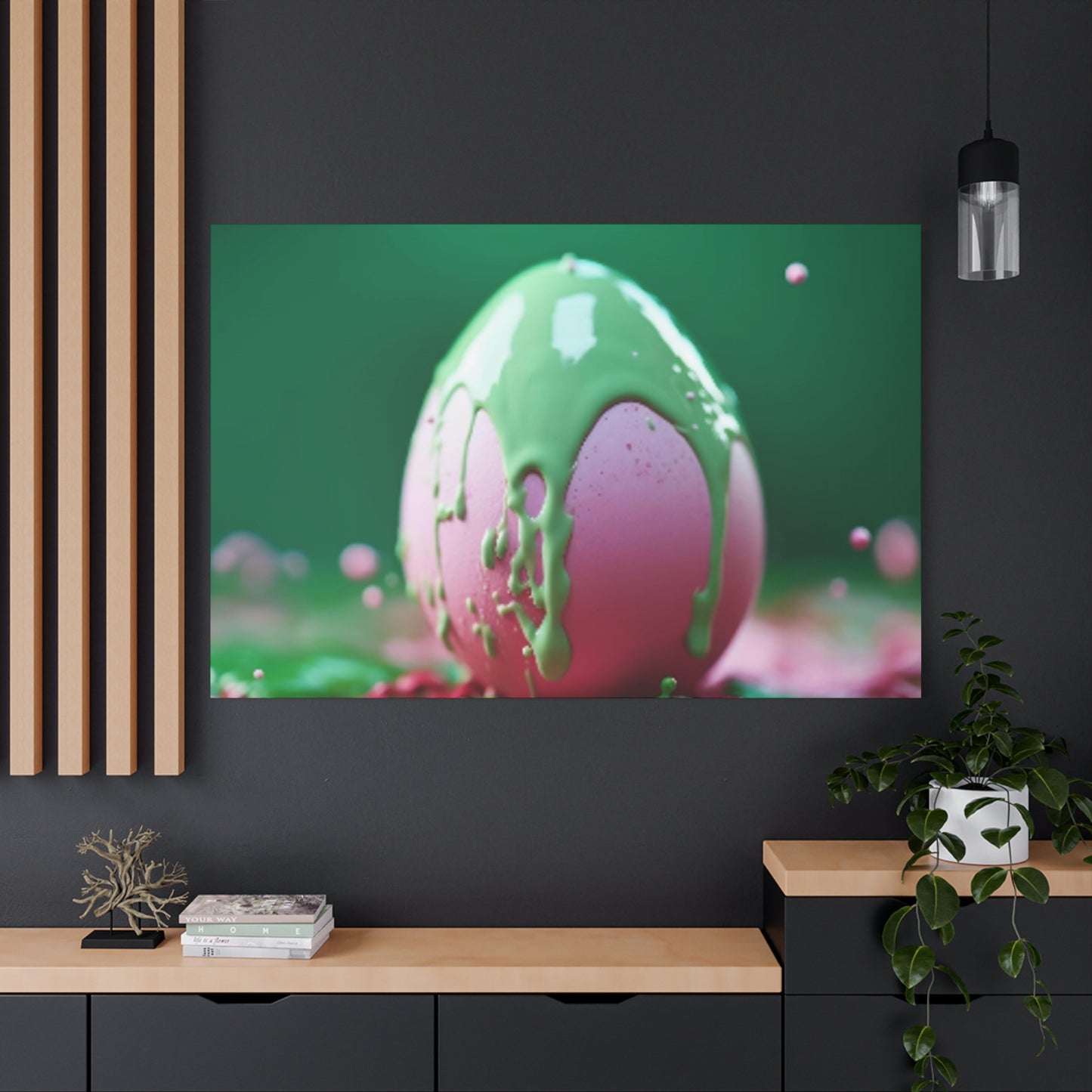 Canvas Wall or Mantle Art Pink Easter Egg with Green Paint Spring Home Decor