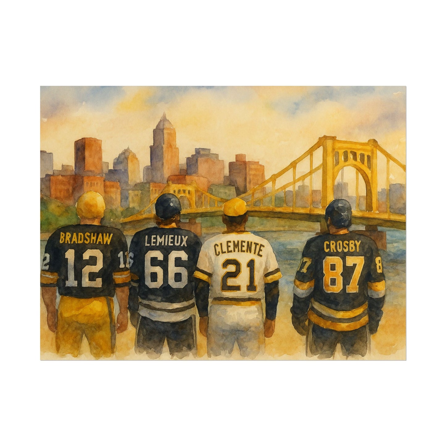 Pittsburgh sports legends in jerseys with numbers and names, standing in front of a cityscape with a bridge.