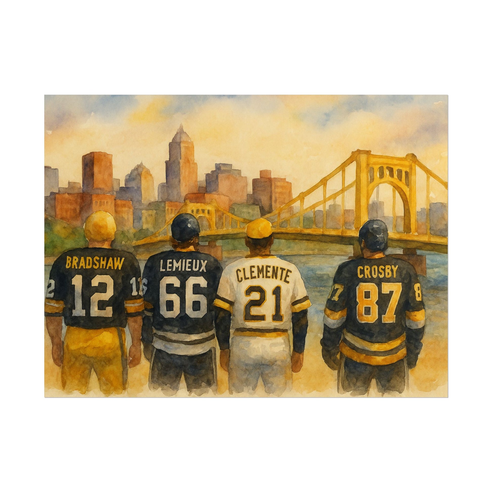 Pittsburgh sports legends in jerseys with numbers and names, standing in front of a cityscape with a bridge.