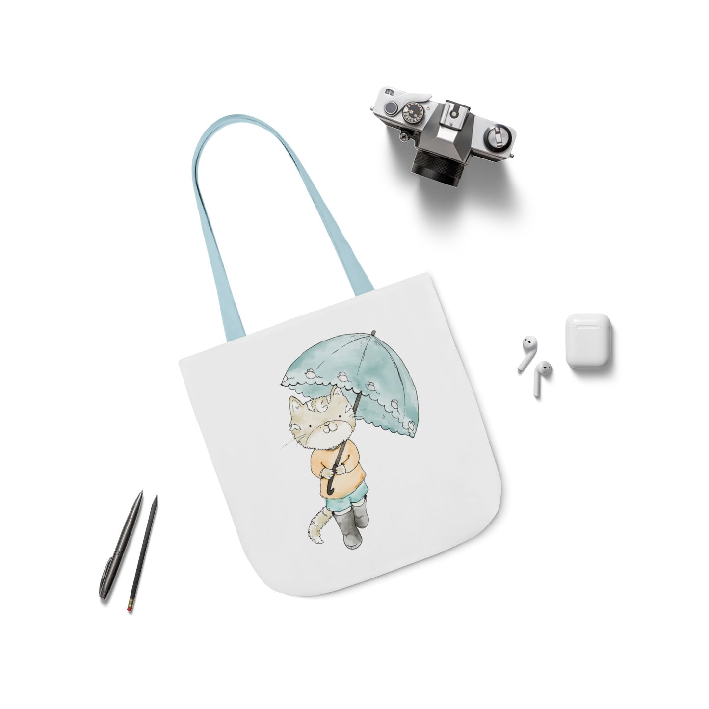 Cat Lover Tote Bag Cute Kitty with Umbrella Rain Boots Cat Lover Eco Tote Bag