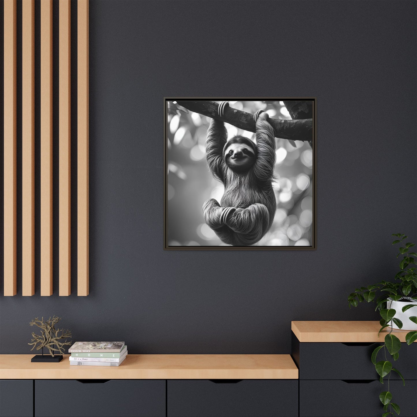 Black and White Sloth Framed Canvas Wall Art, Minimalist Animal Print, Modern Jungle Wildlife Home Decor, Sloth Lover Gift, Monochrome Image