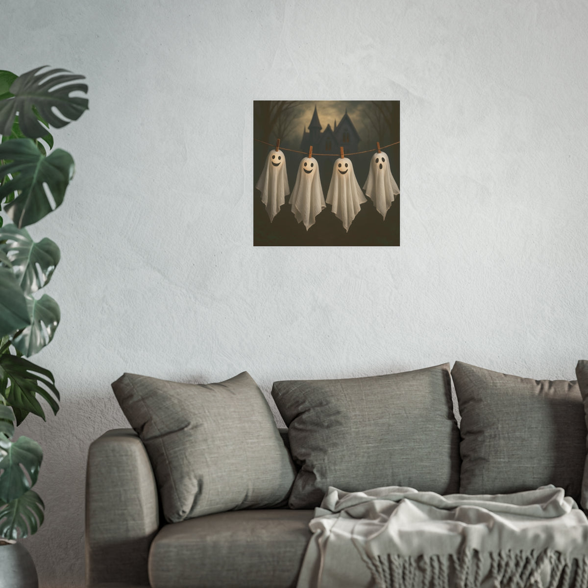 Friendly Halloween Ghosts Poster Art, Smiling Ghosts Clothesline Print
