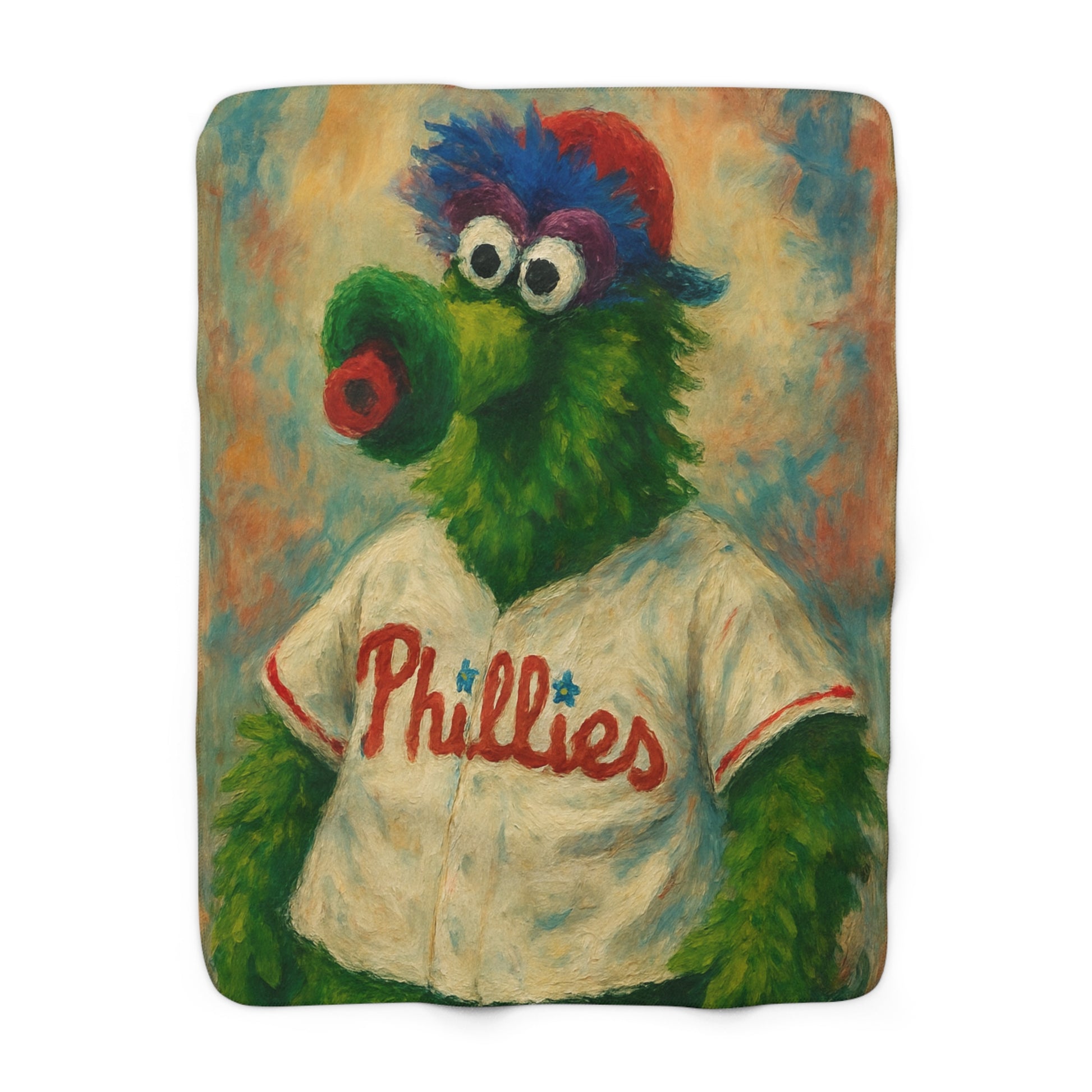 Plush blanket with a green character wearing a Phillies jersey on a colorful background