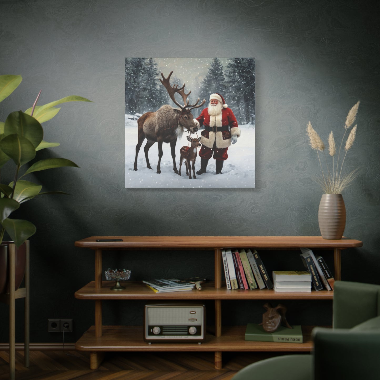 Santa with Reindeer Christmas Wall Art Canvas | Festive Holiday Home Decor