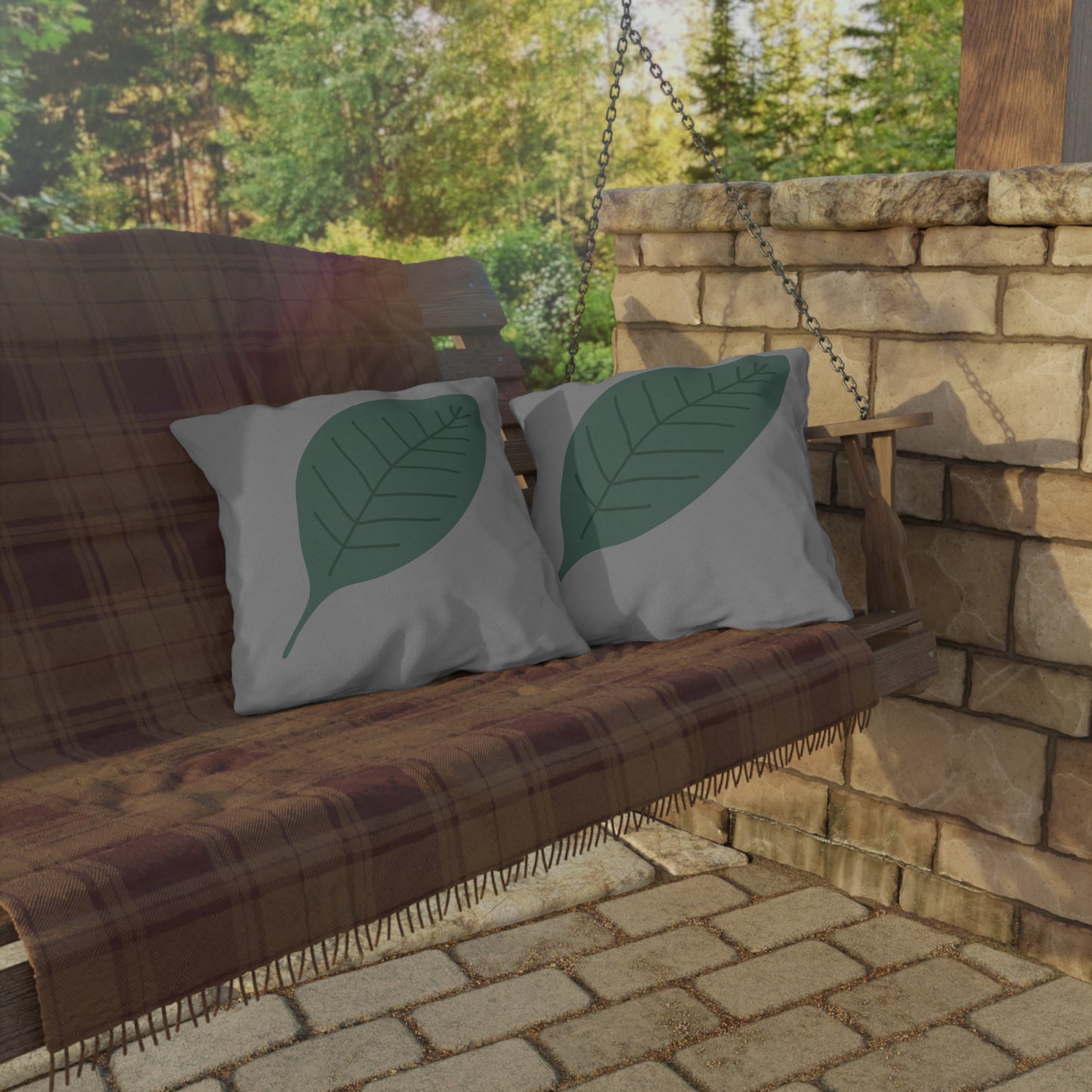 Green Leaf & Grey Outdoor Throw Pillow | Tropical Botanical Patio Cushio