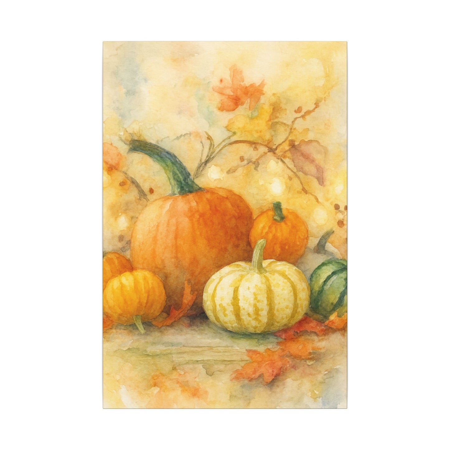 Painting of pumpkins and gourds with autumn leaves on a white background
