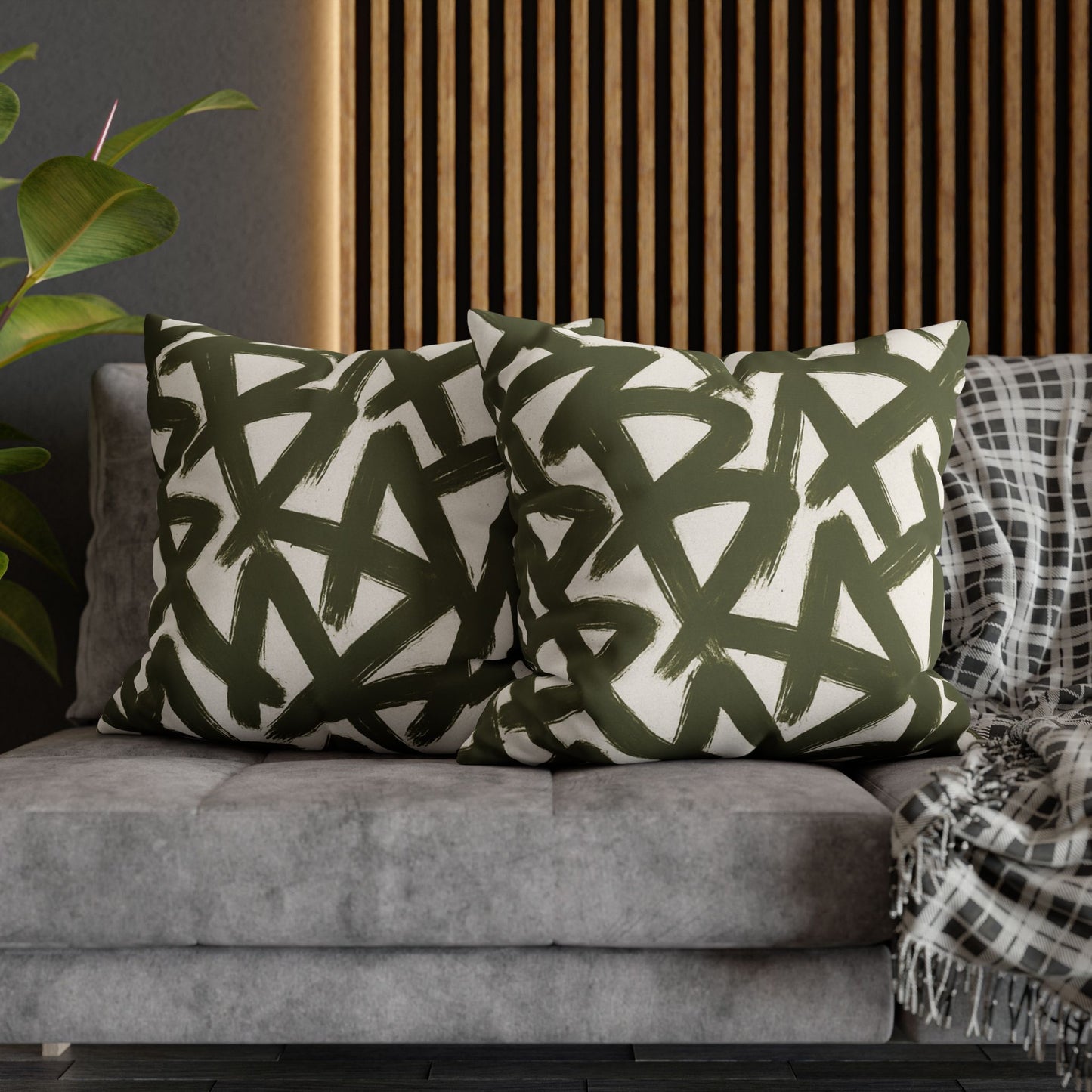 Throw Pillow Cover, Green Graffiti Brush Strokes Square Pillowcase Cover
