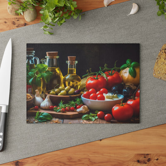 Poster of fresh vegetables and olive oil on a wooden surface with a knife.