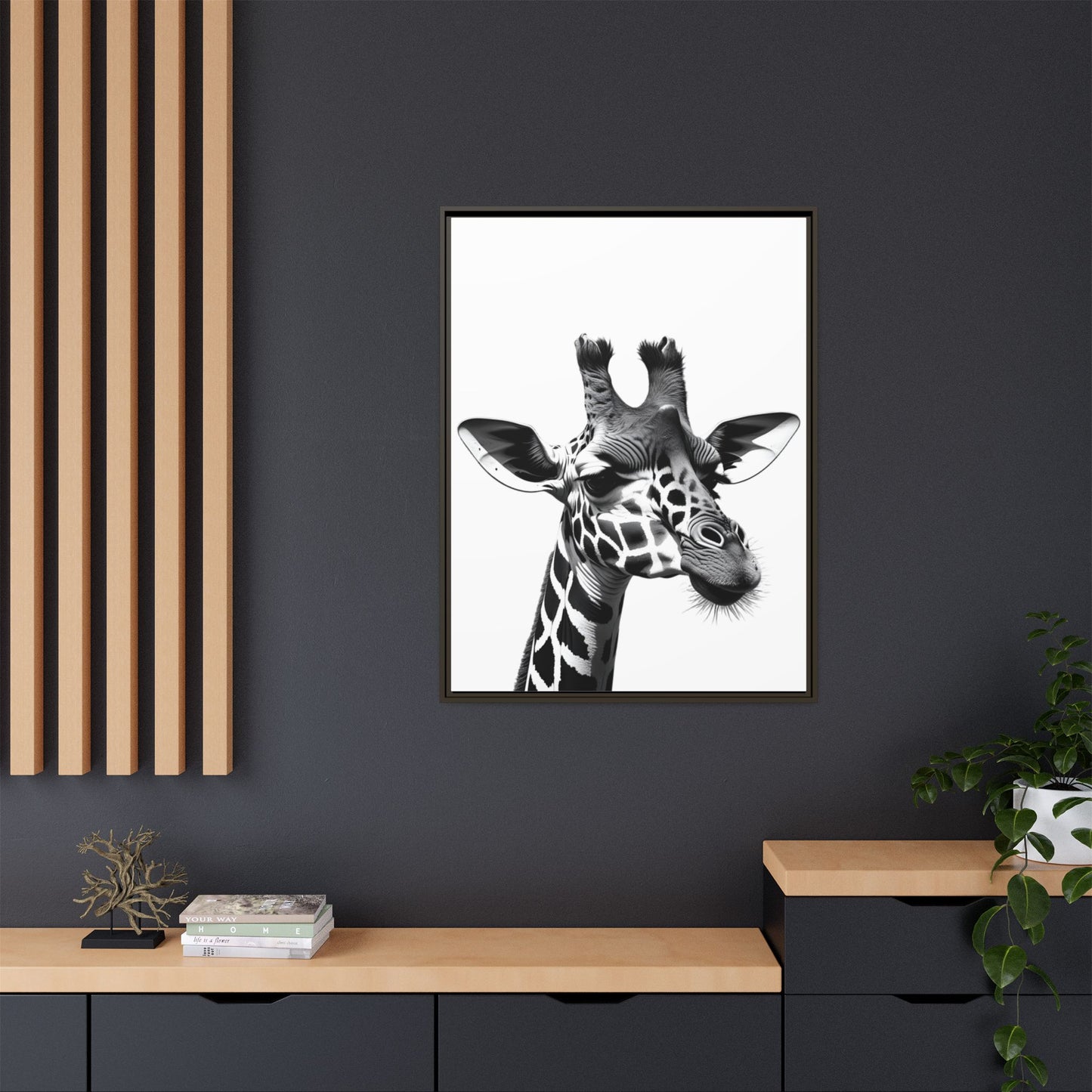 Black and White Giraffe Wall Art – Framed Safari Animal Canvas Print