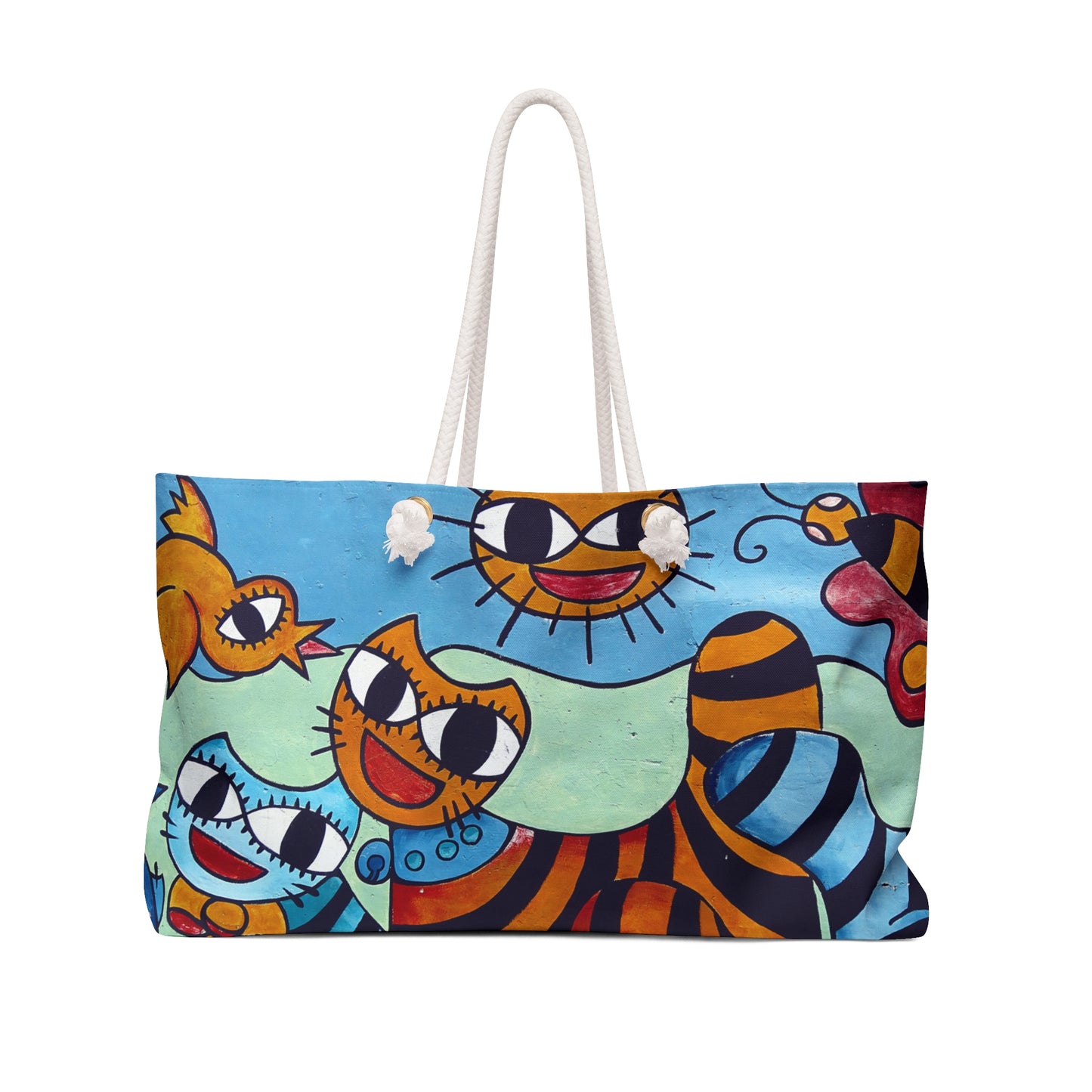 Colorful Cartoon Cat Weekender Bag, Fun Cat Lover Travel Tote, Quirky Cat Lover Bag Gift