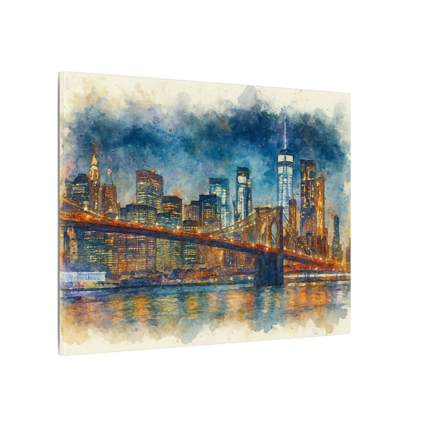 NYC Skyline Watercolor Art Print, Brooklyn Bridge Night Painting, New York City Wall Decor, Skyline Canvas Print, Urban Landscape