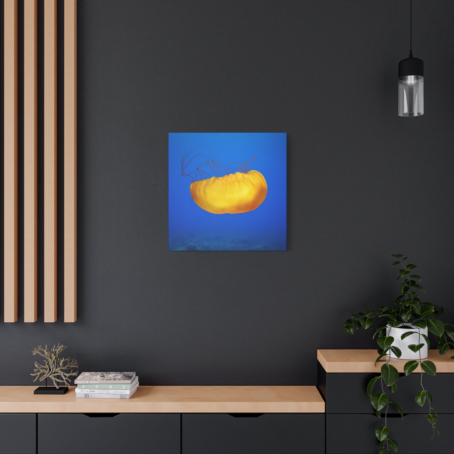 Golden Jellyfish Canvas Wall Art | Ocean Photography Print | Coastal Home Decor | Marine Life Artwork | Blue Sea Jellyfish Poster 1.25"